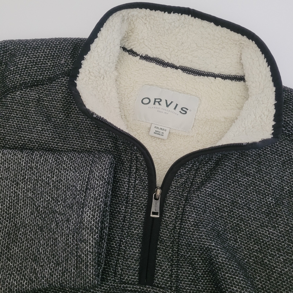 Orvis 1/4 Zip Pullover Sweater Mens XXL Gray Knit Faux Sherpa Fleece Lined